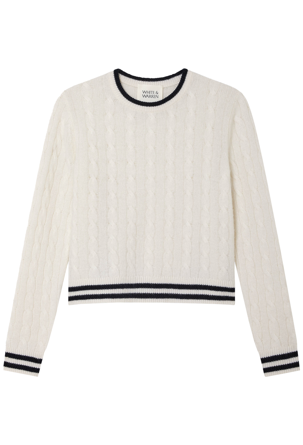 White sweater with navy trim on a white background