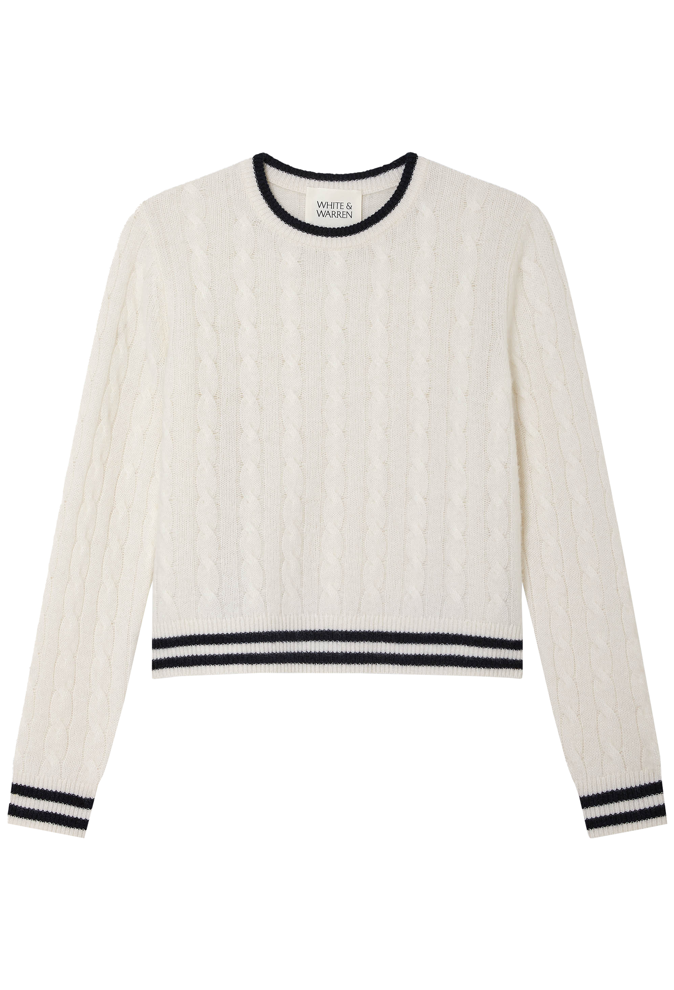 White sweater with navy trim on a white background