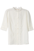 White blouse with ruffled details on a white background