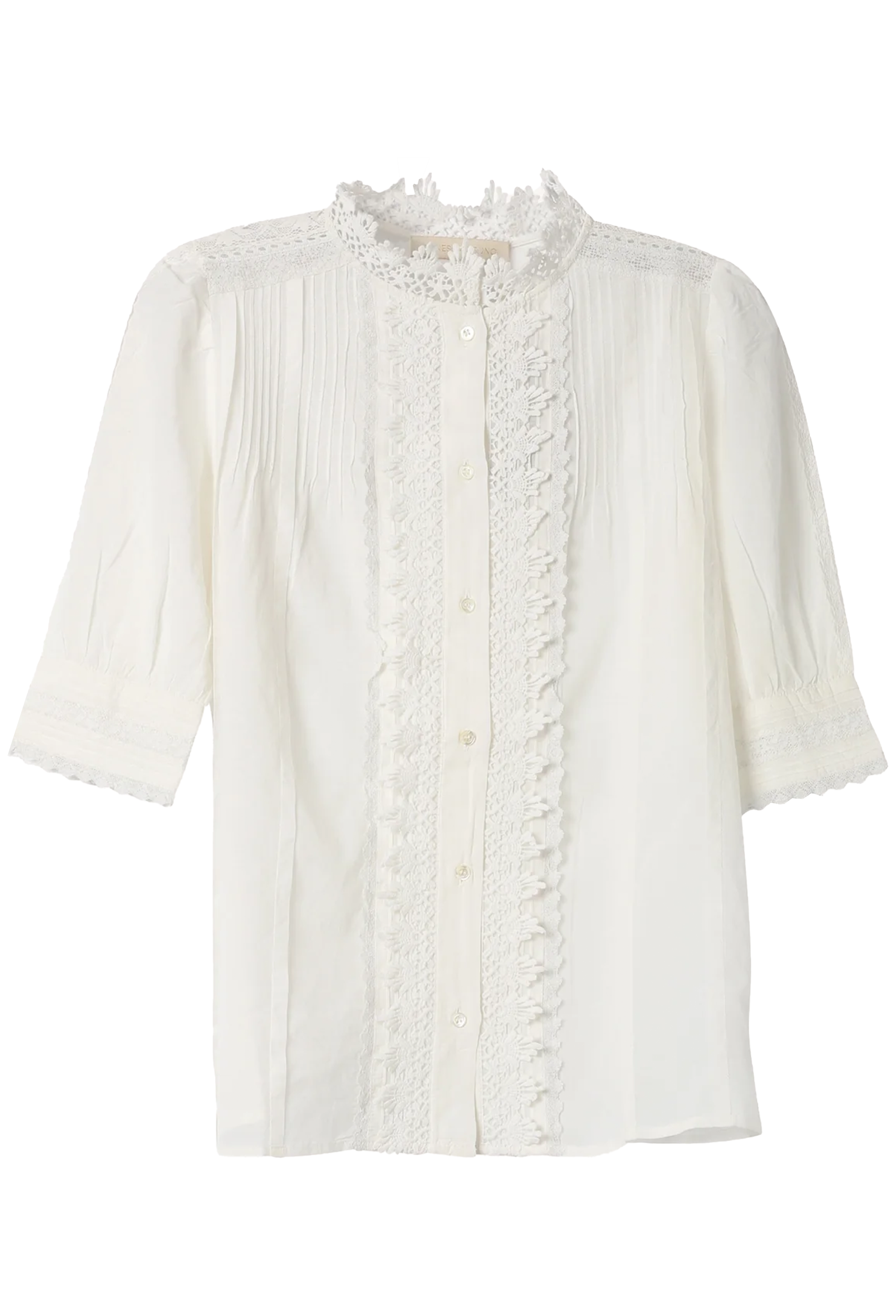 White blouse with ruffled details on a white background