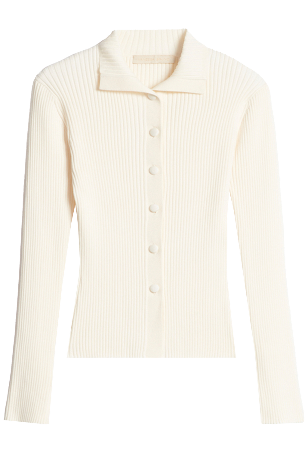 Cream-colored ribbed knit cardigan on a white background