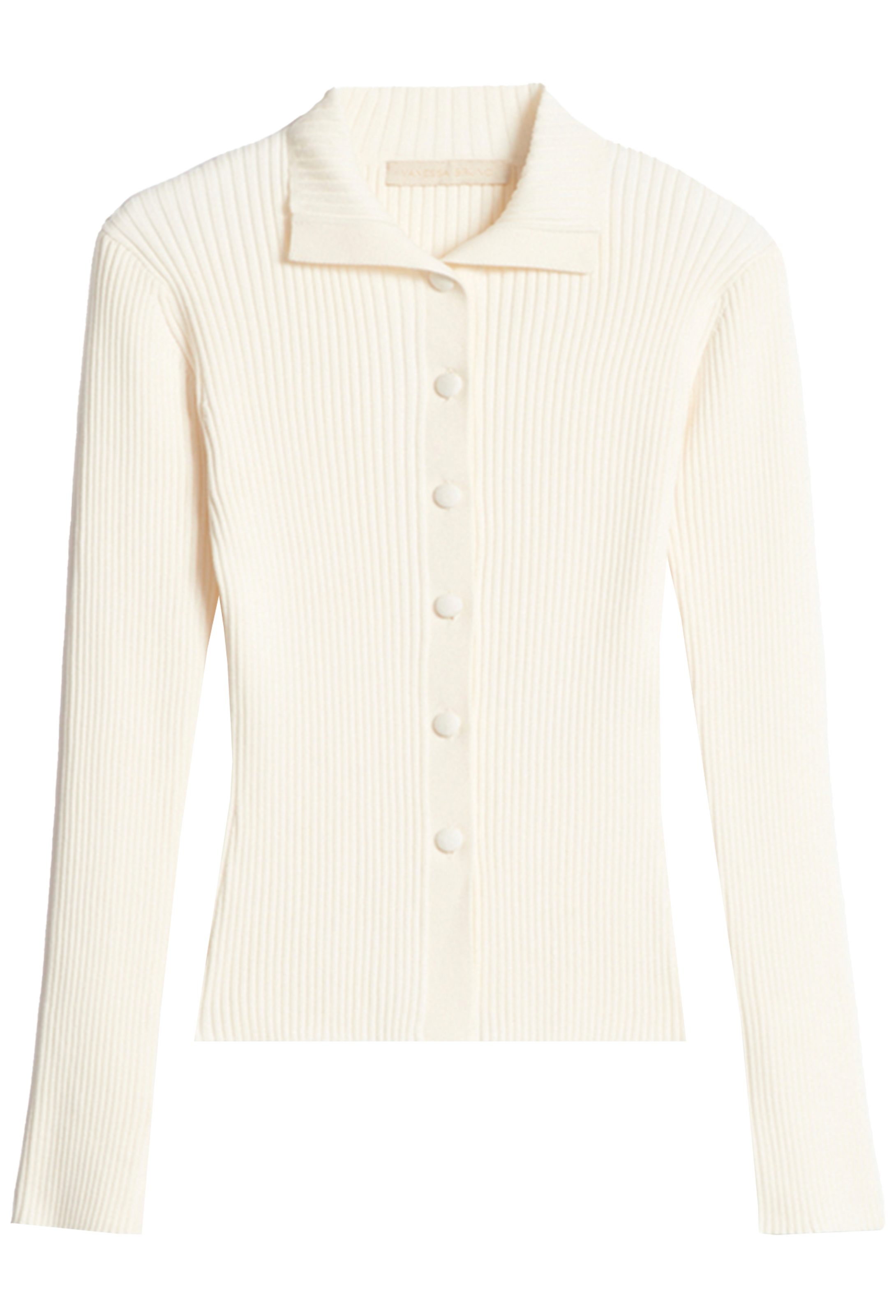 Cream-colored ribbed knit cardigan on a white background