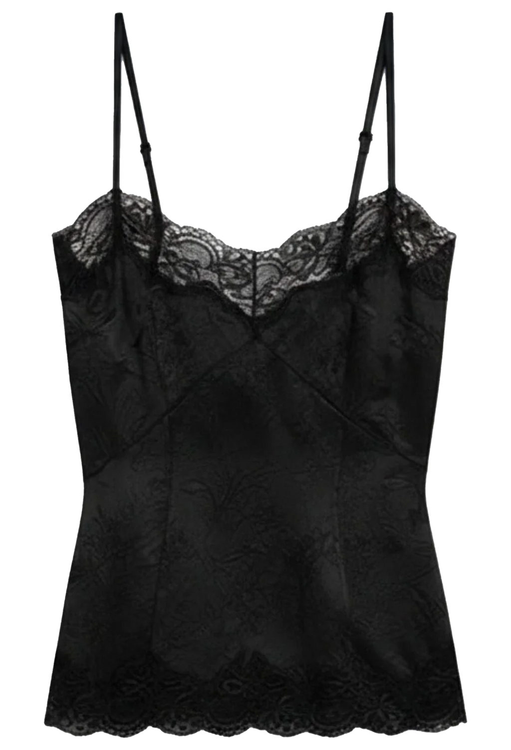 Black lace-trimmed camisole on a white background