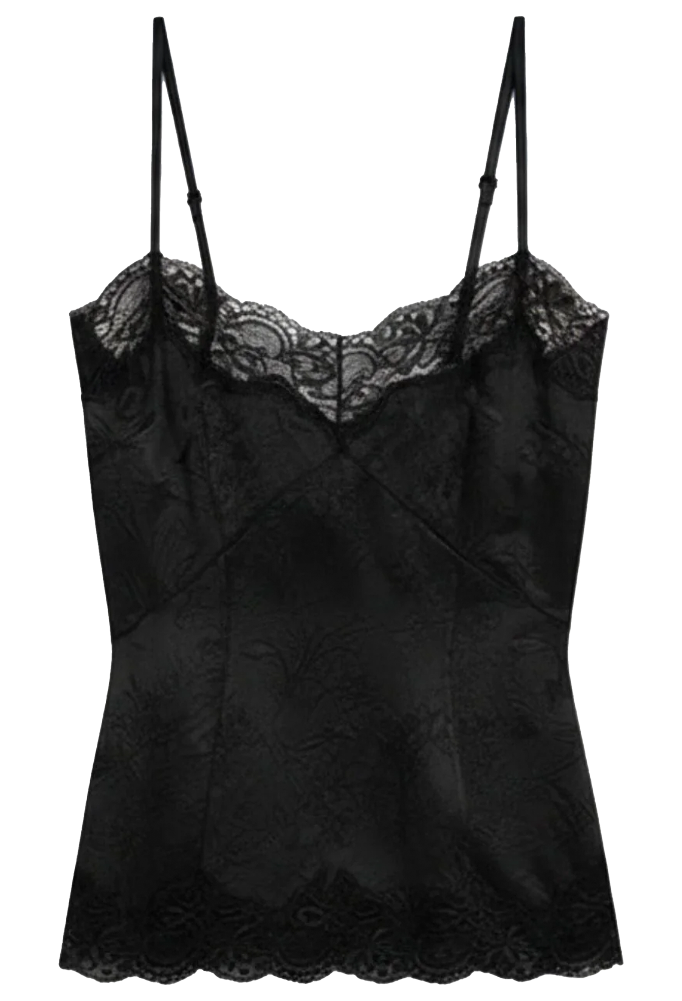 Black lace-trimmed camisole on a white background