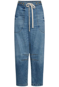 Blue jeans with a drawstring on a white background