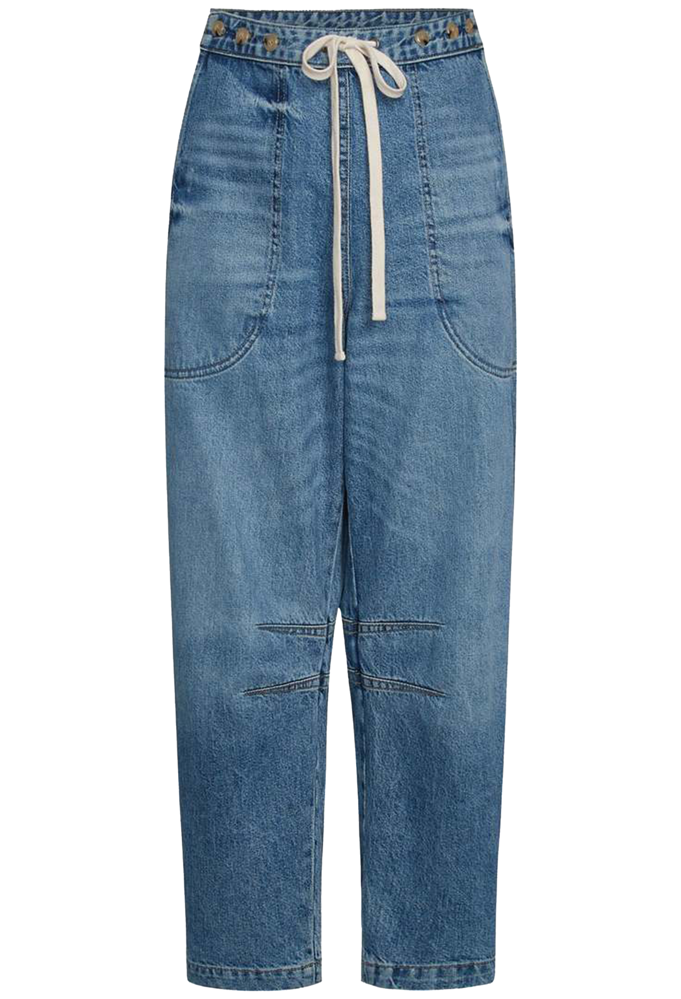 Blue jeans with a drawstring on a white background