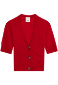 Red cardigan with three buttons on a white background