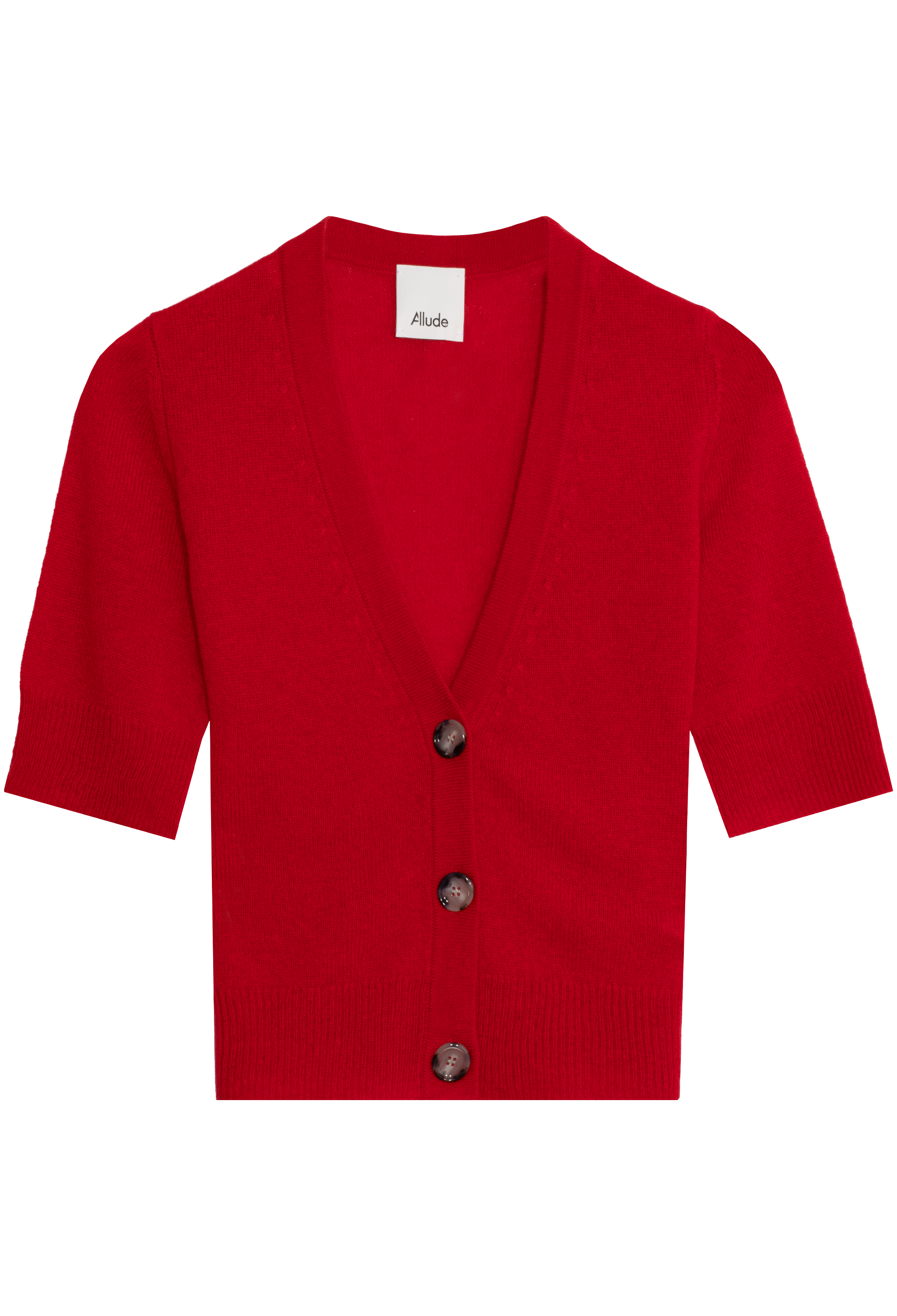 Red cardigan with three buttons on a white background