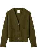 Green cardigan with button details on a white background