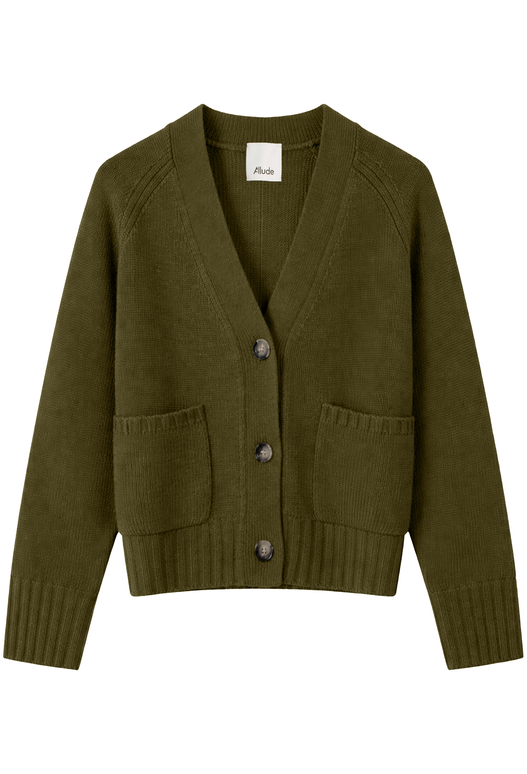 Green cardigan with button details on a white background