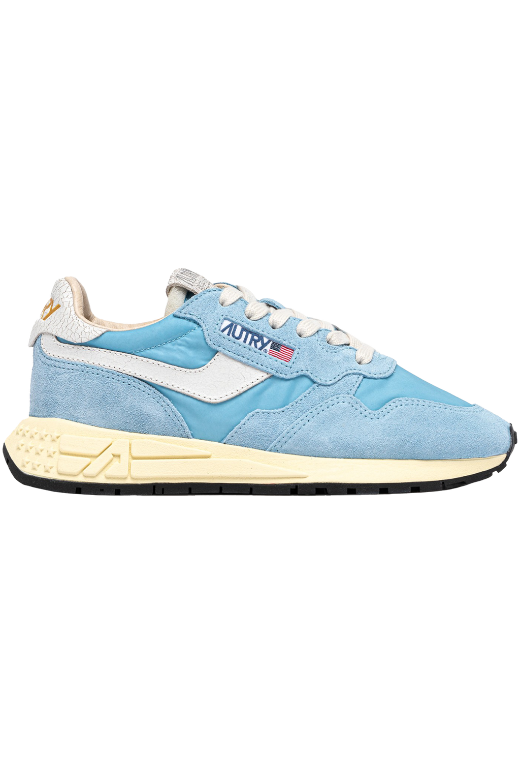 Light blue sneaker with white accents on a white background