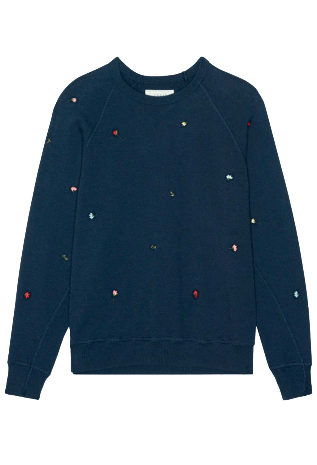Navy blue sweatshirt with colorful dot patterns on a white background