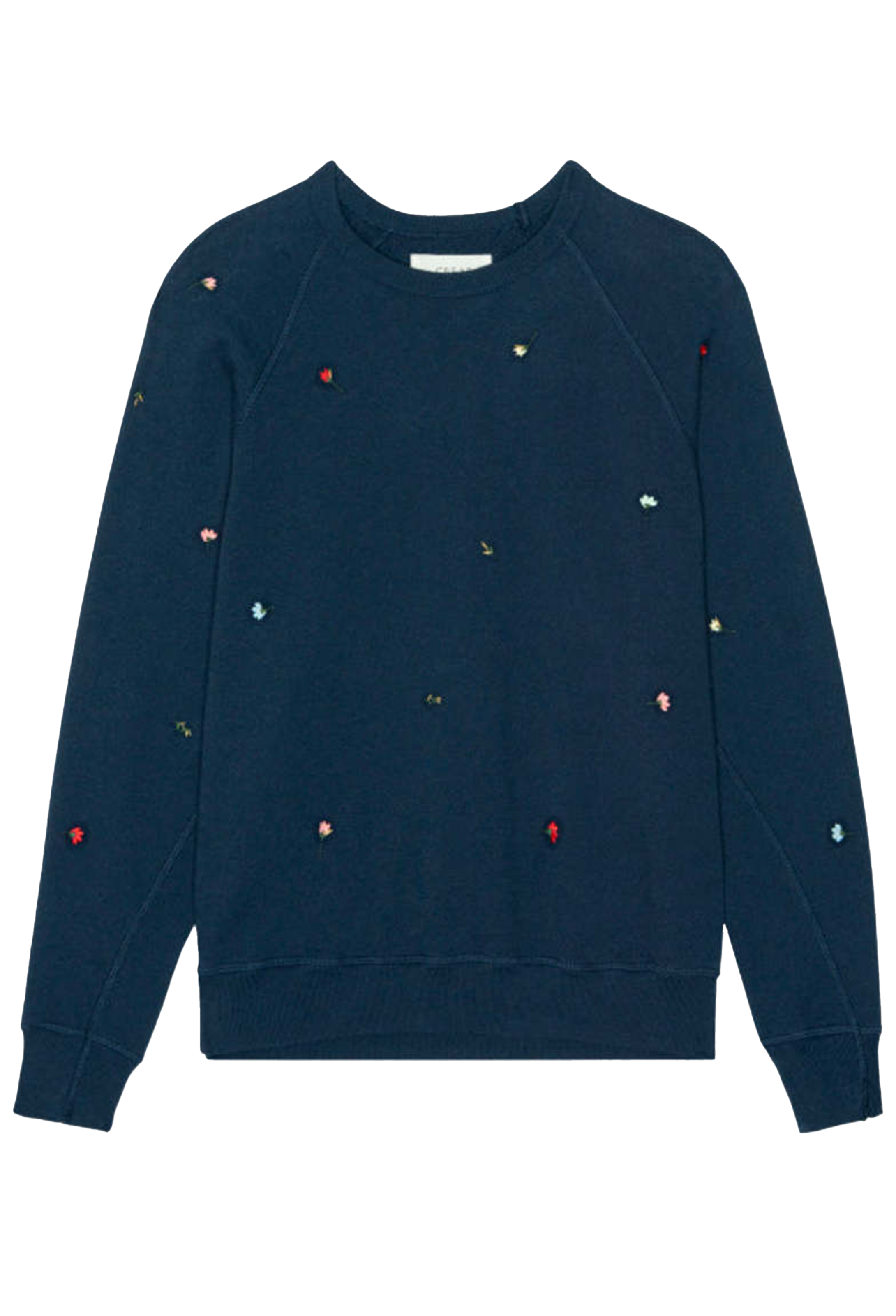 Navy blue sweatshirt with colorful dot patterns on a white background