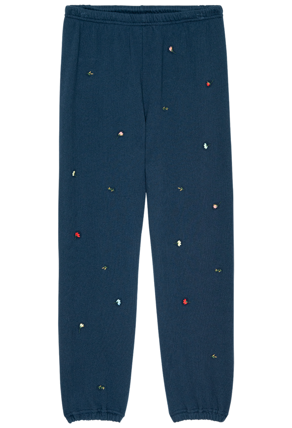 Navy blue pants with colorful embellishments on a white background