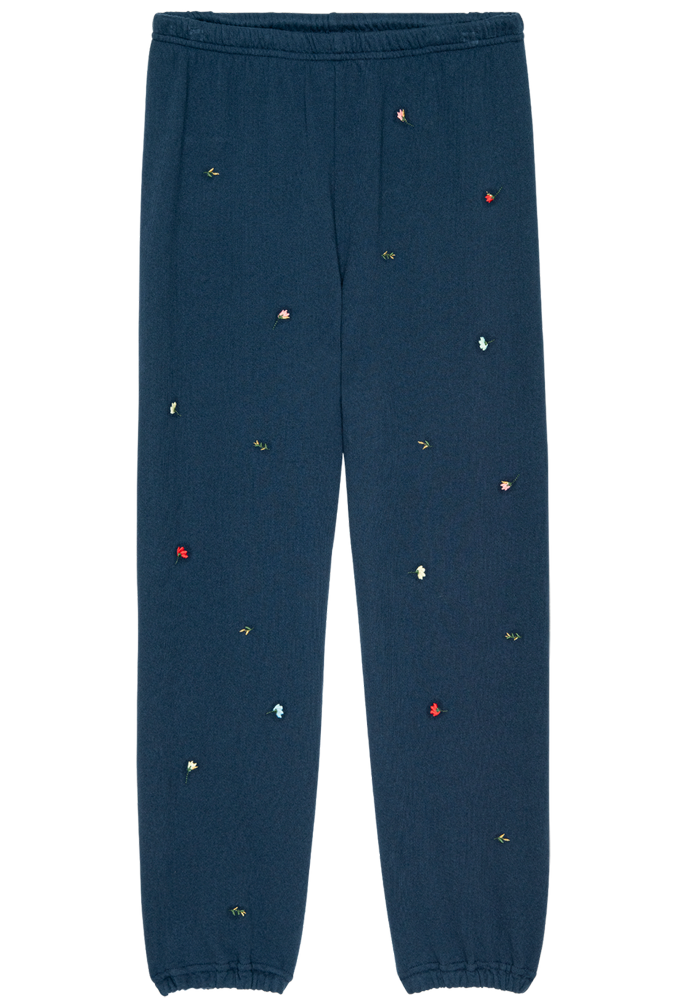 Navy blue pants with colorful embellishments on a white background