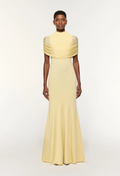 Woman wearing a light yellow evening gown on a white background