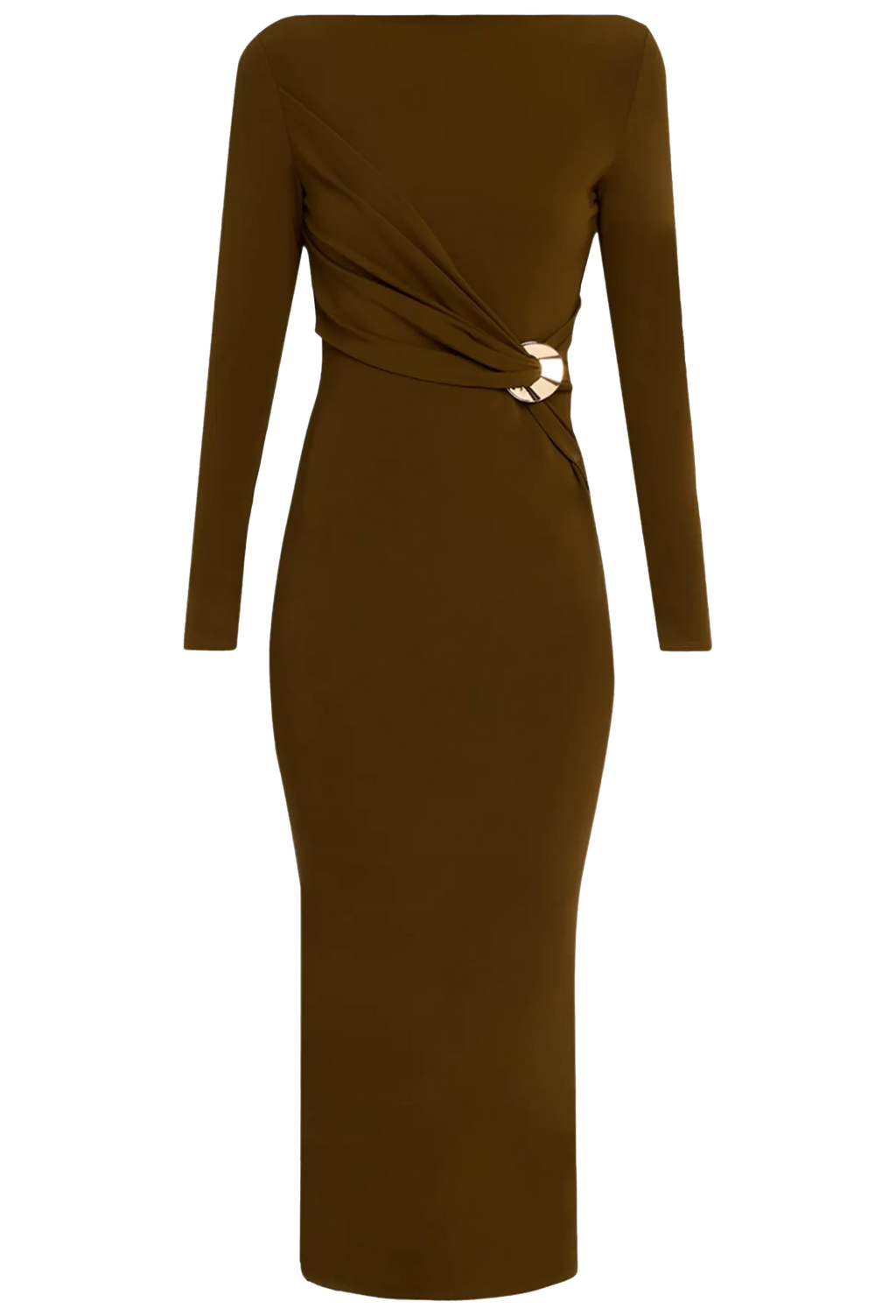 Brown dress with long sleeves and a belt on a white background