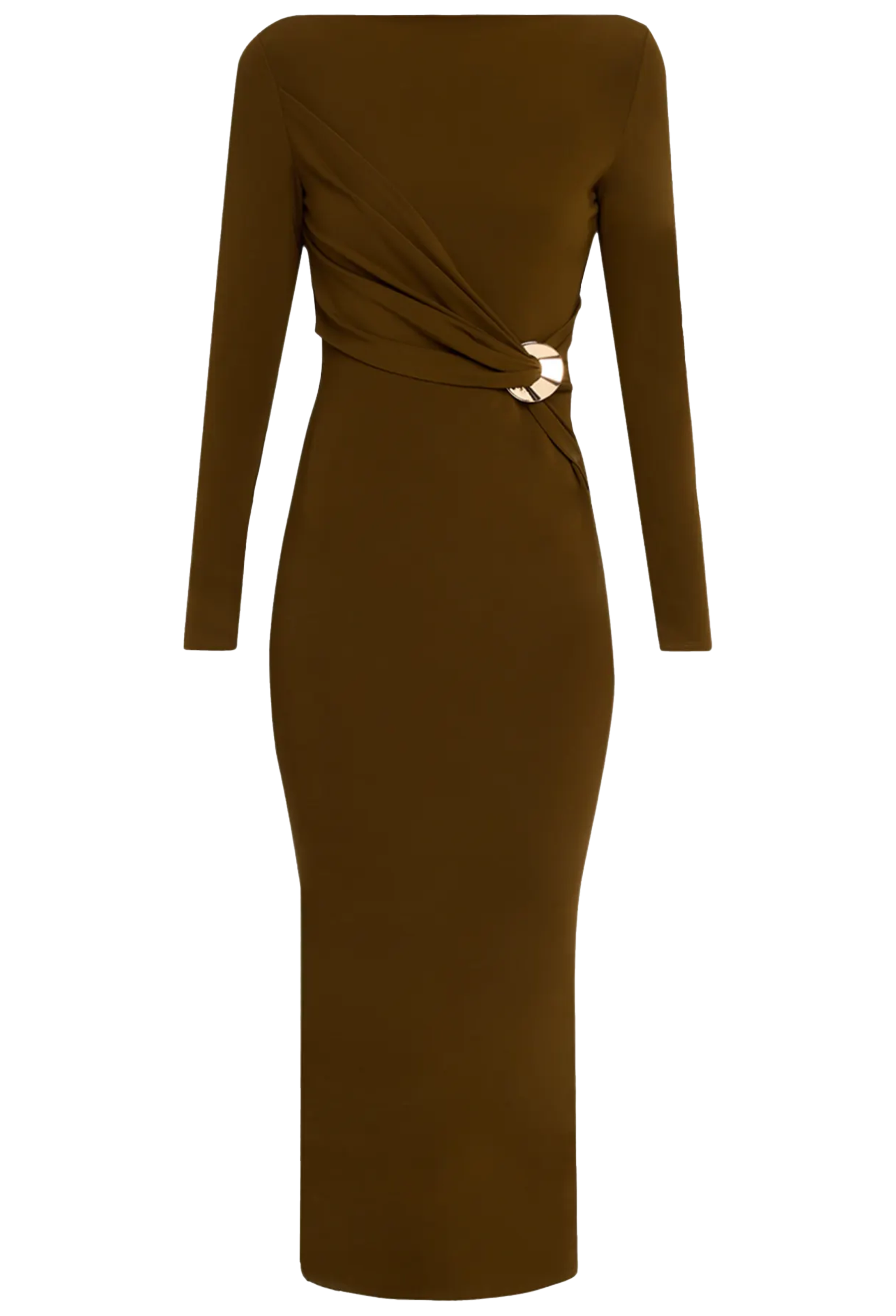 Brown dress with long sleeves and a belt on a white background