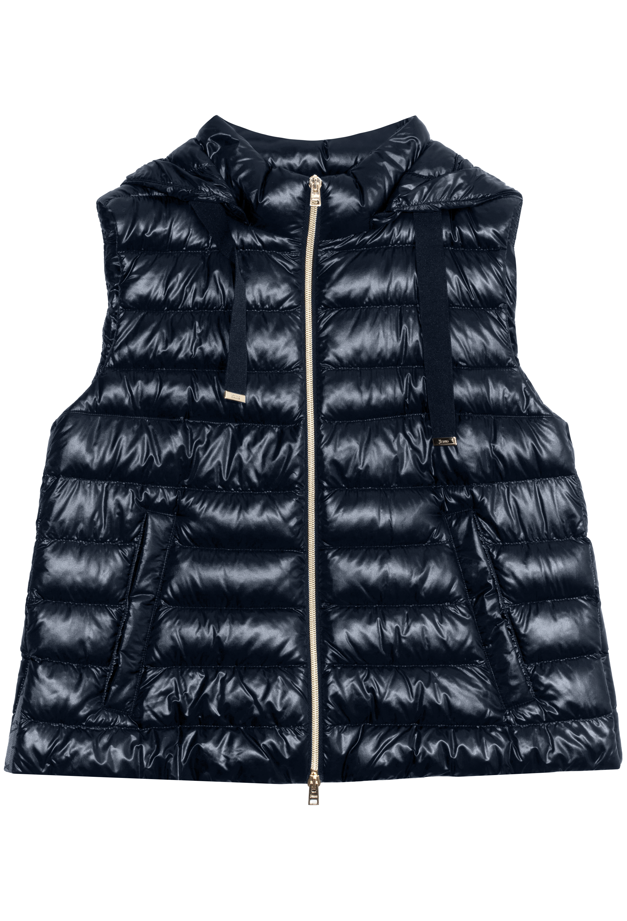 Black puffer vest on a white background