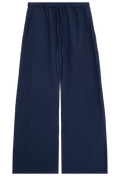 Navy blue wide-leg pants with a drawstring on a white background