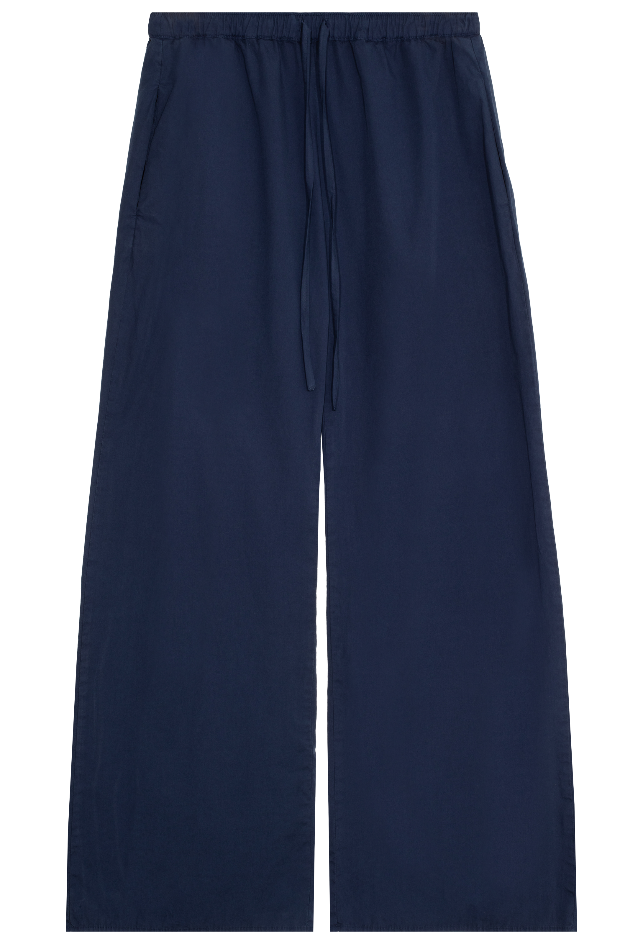 Navy blue wide-leg pants with a drawstring on a white background