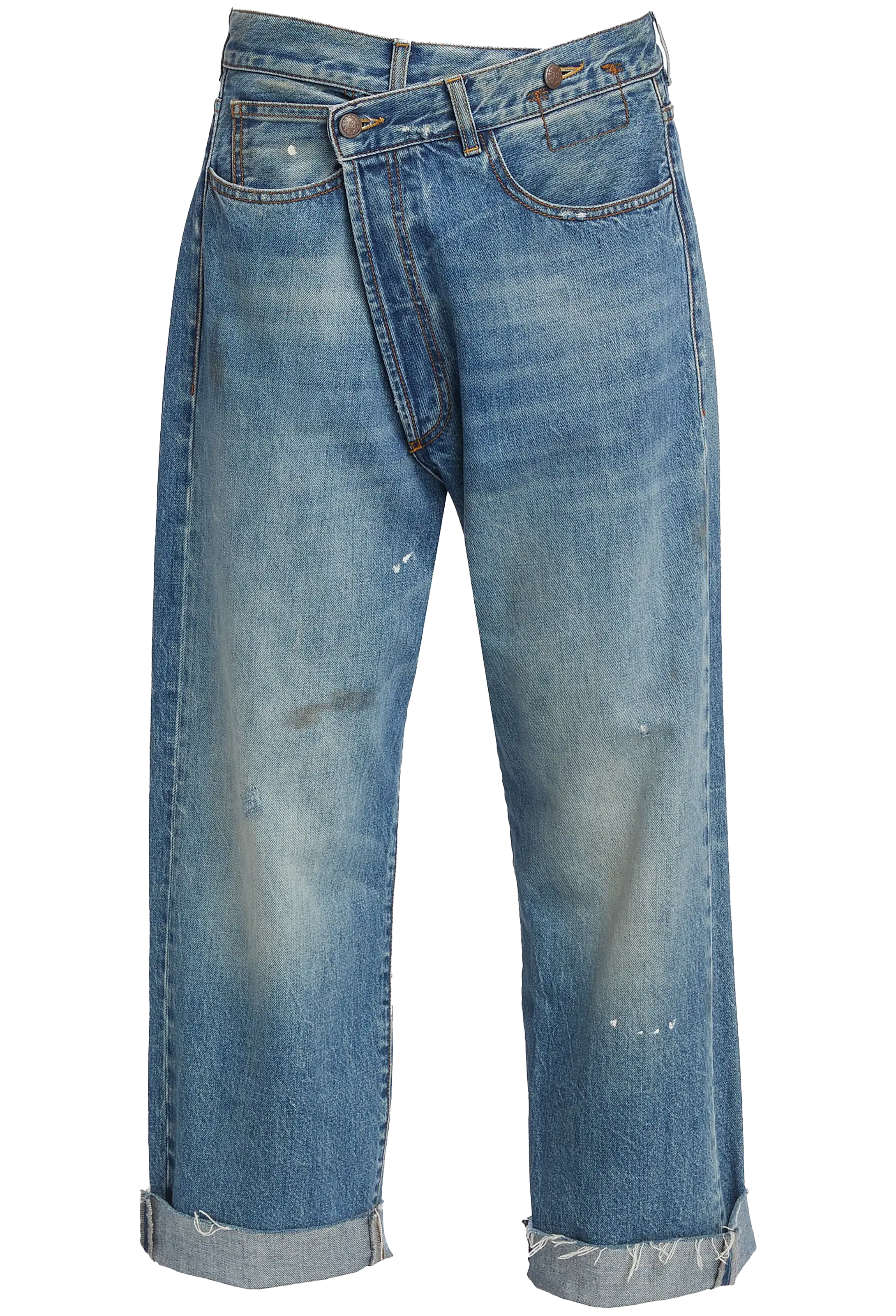 crossover blue jeans with a white background