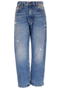 Blue jeans with slight distressing on a white background