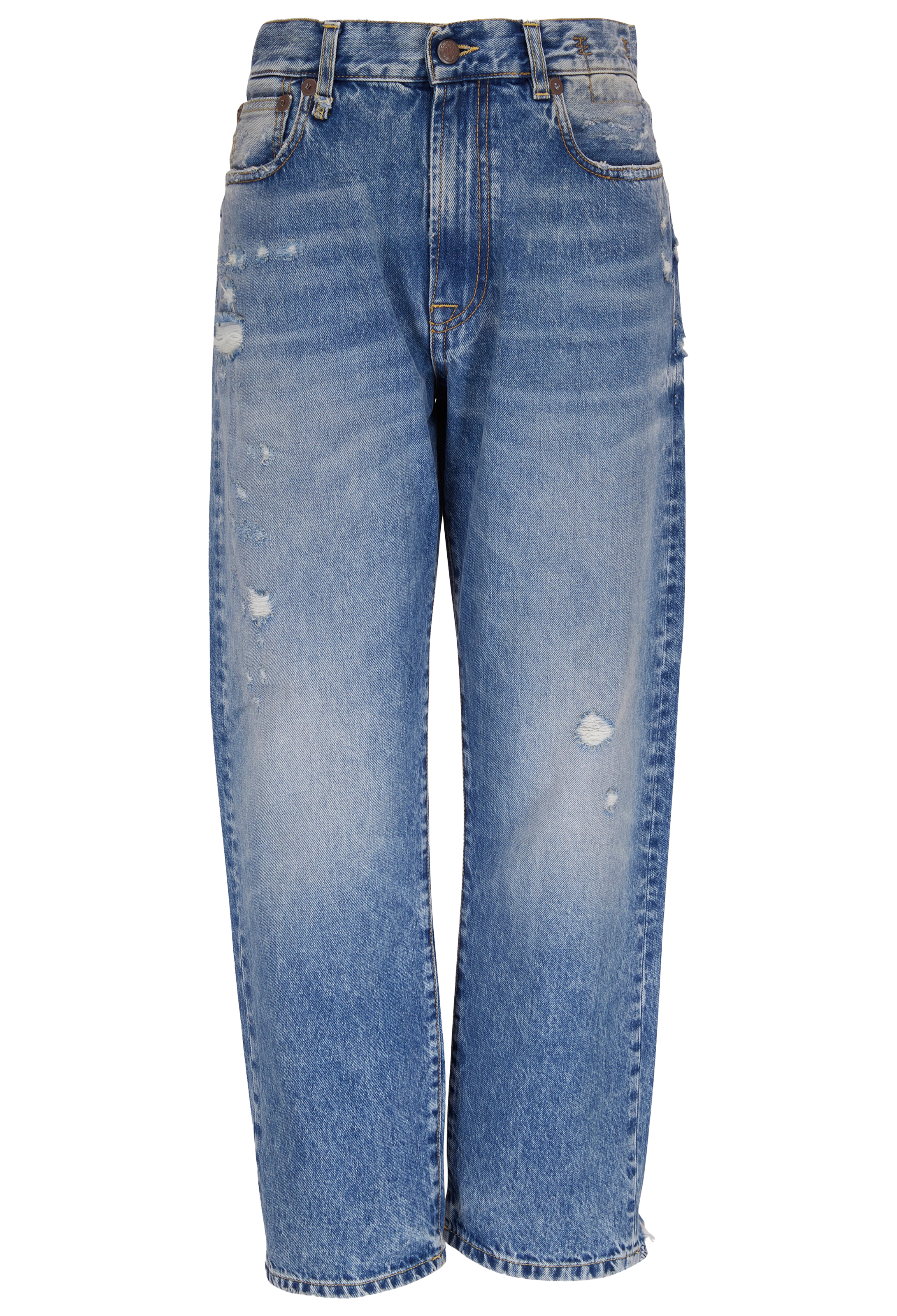 Blue jeans with slight distressing on a white background
