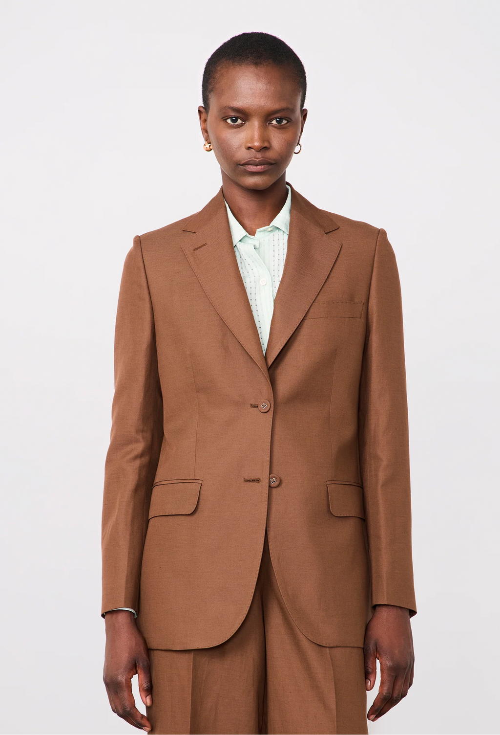 Person wearing a brown suit on a white background