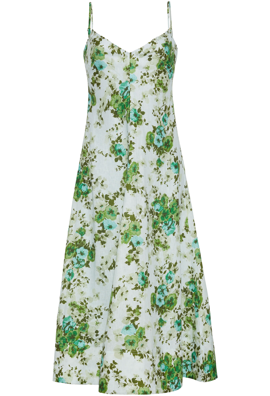 Floral dress with green and blue flowers on a white background