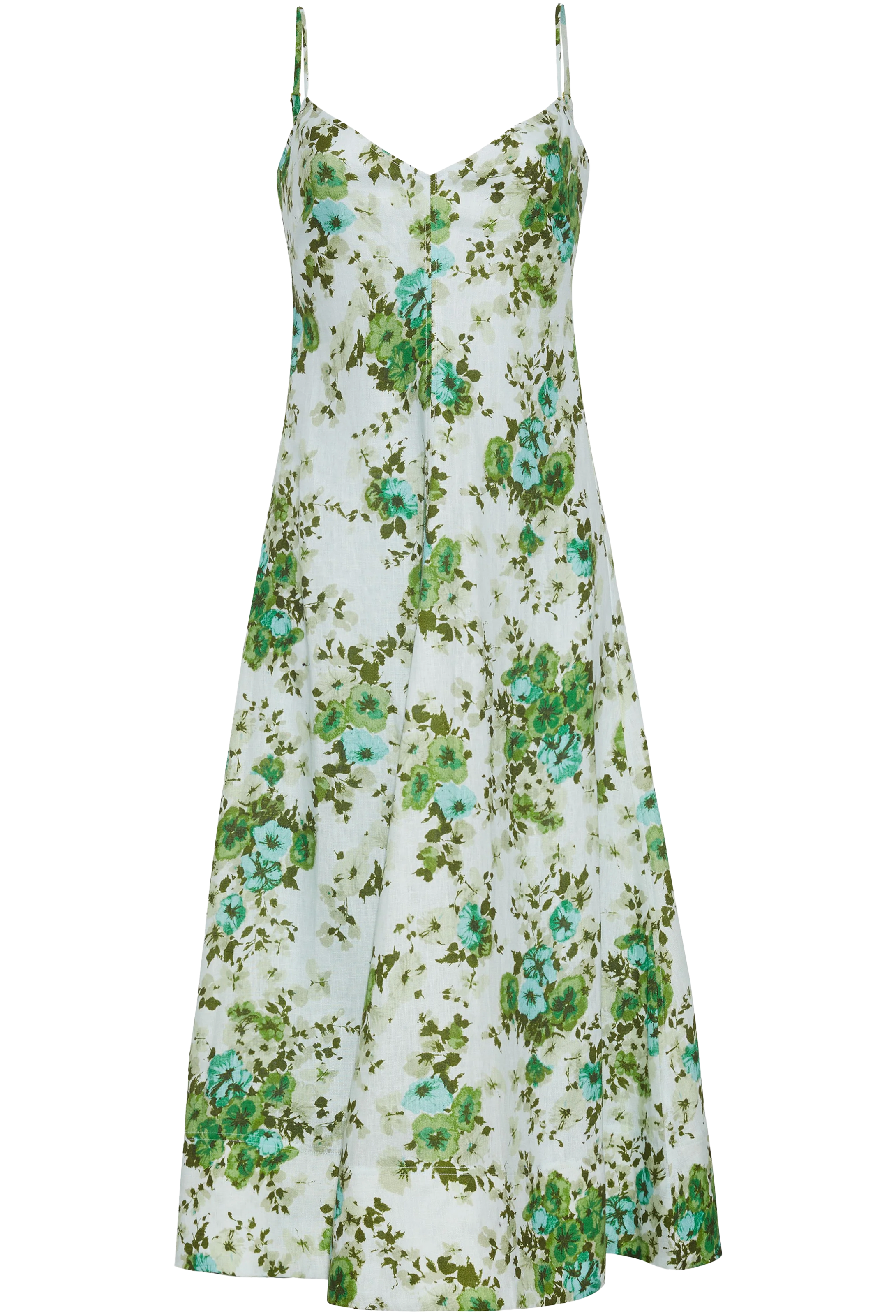 Floral dress with green and blue flowers on a white background