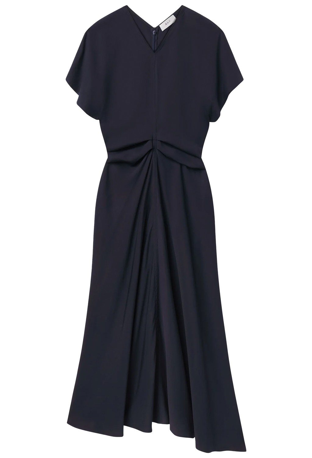 Navy blue dress with a V-neckline on a white background