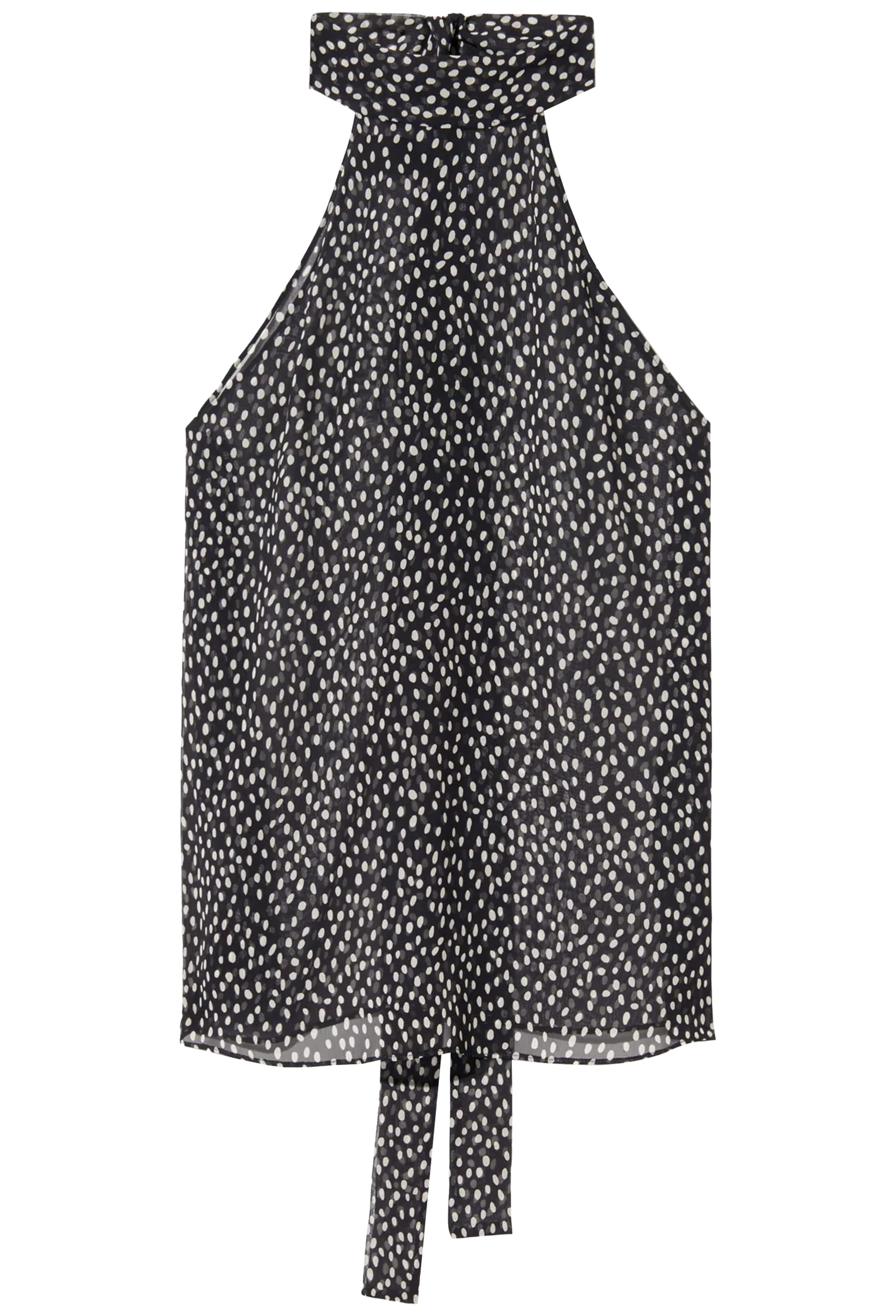 Black and white polka dot top on a white background