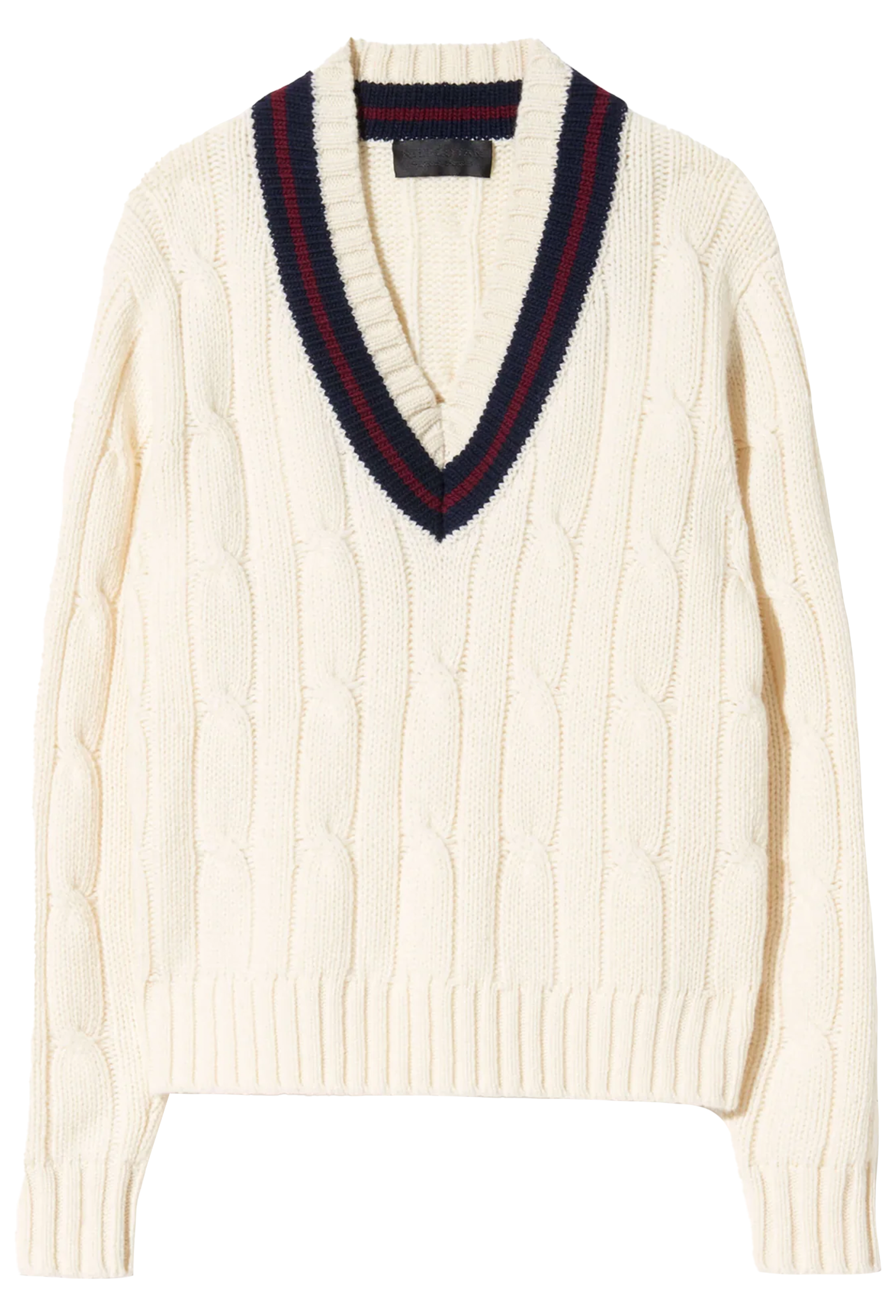 Cream-colored sweater with a V-neck and red and blue trim on a white background