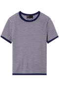Navy and white striped t-shirt on a white background
