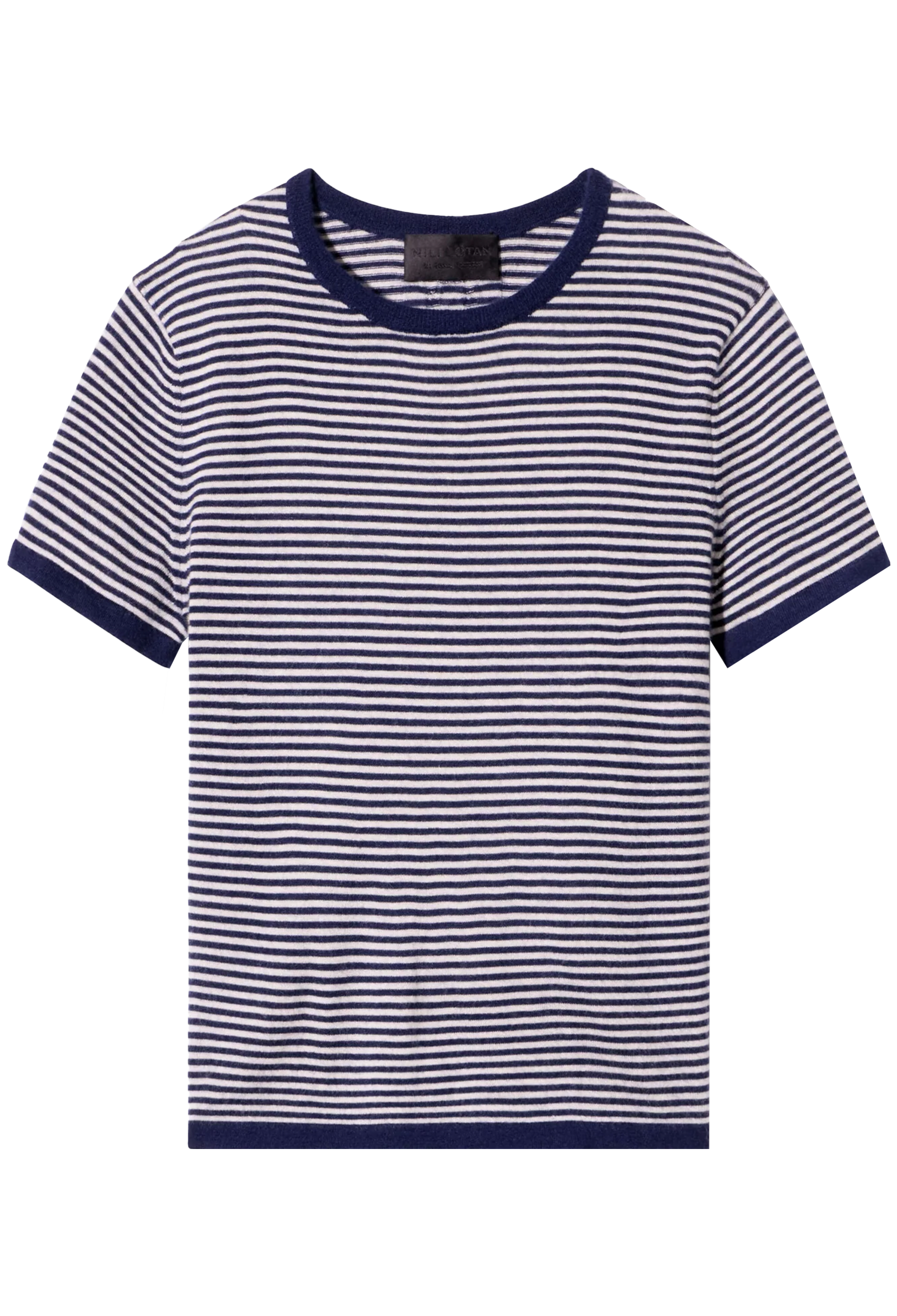 Navy and white striped t-shirt on a white background