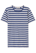 Blue and white striped t-shirt on a white background