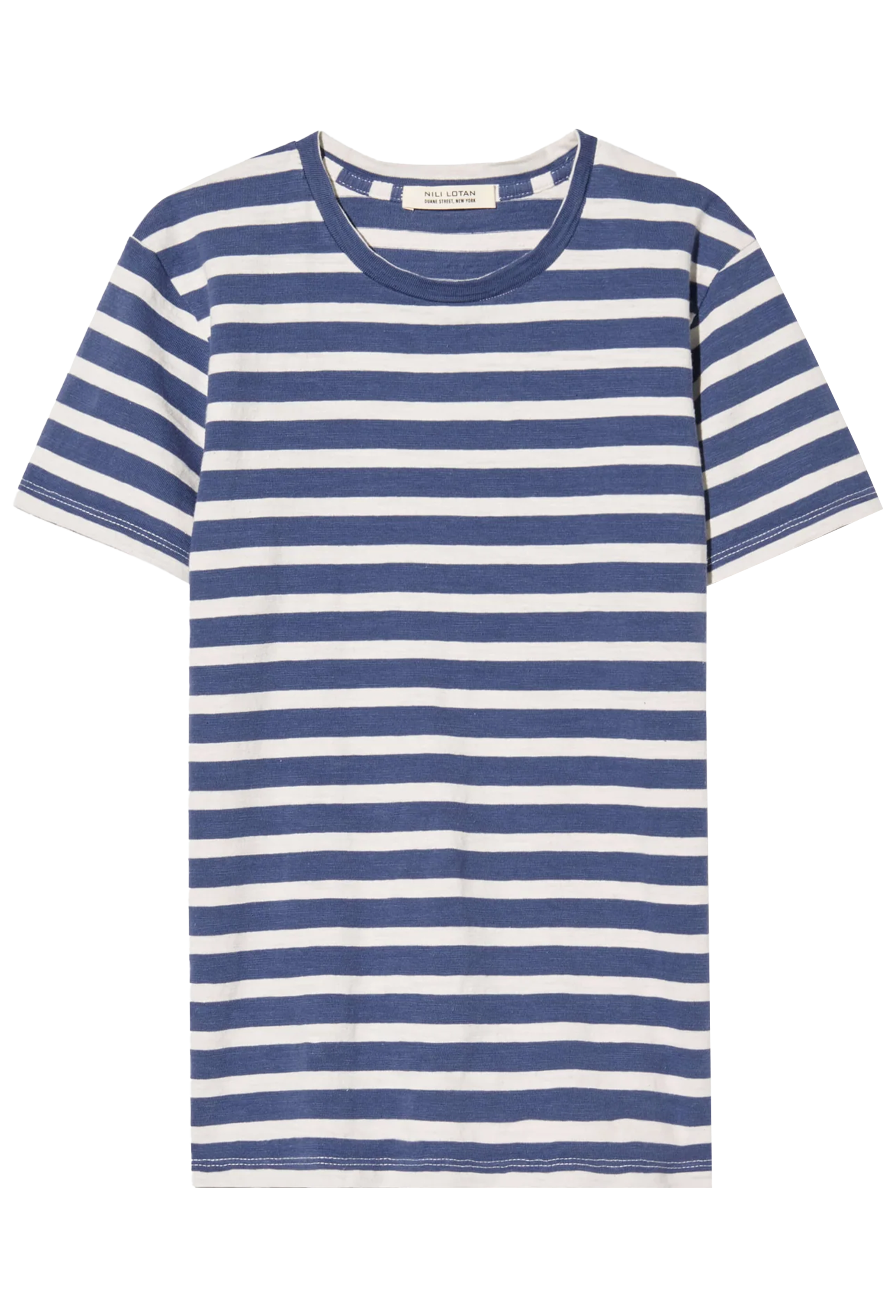 Blue and white striped t-shirt on a white background