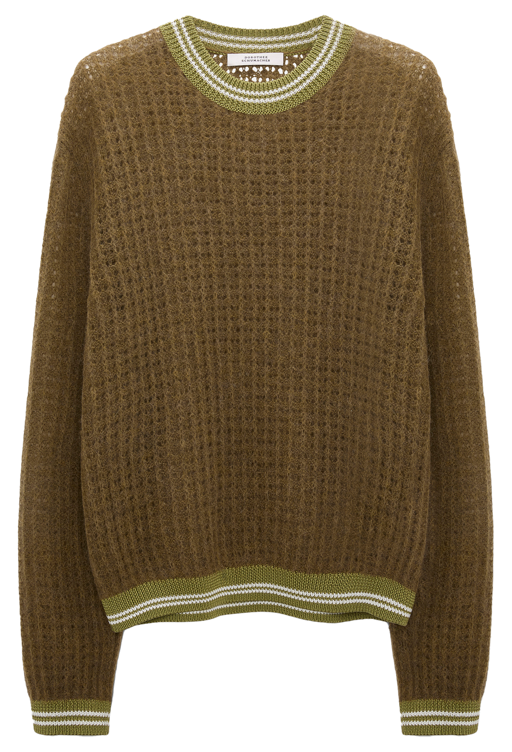 Brown textured sweater with green trim on a white background
