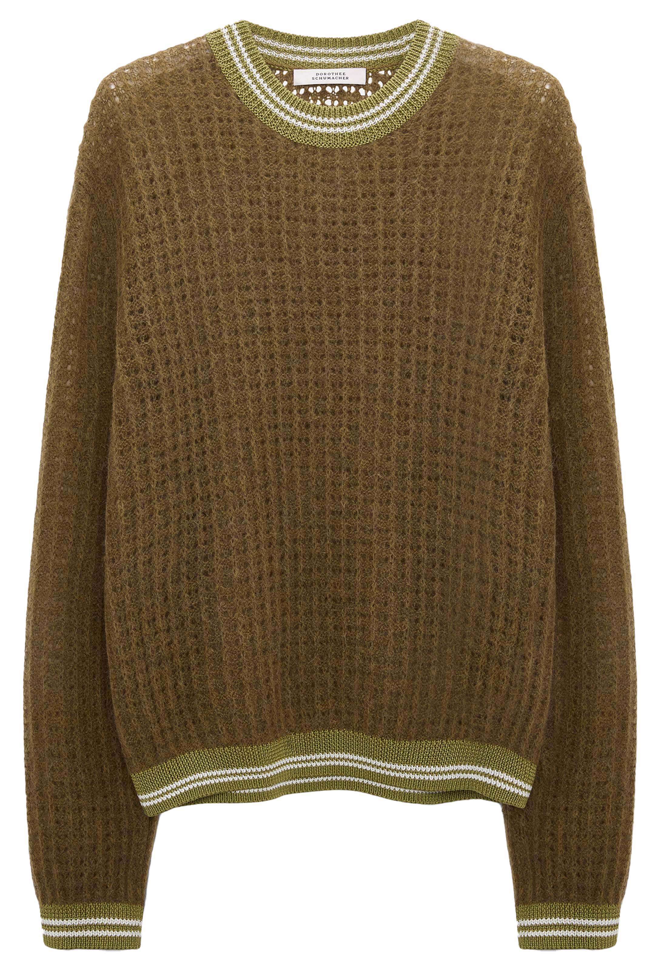 Brown textured sweater with green trim on a white background