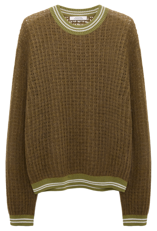 Brown textured sweater with green trim on a white background
