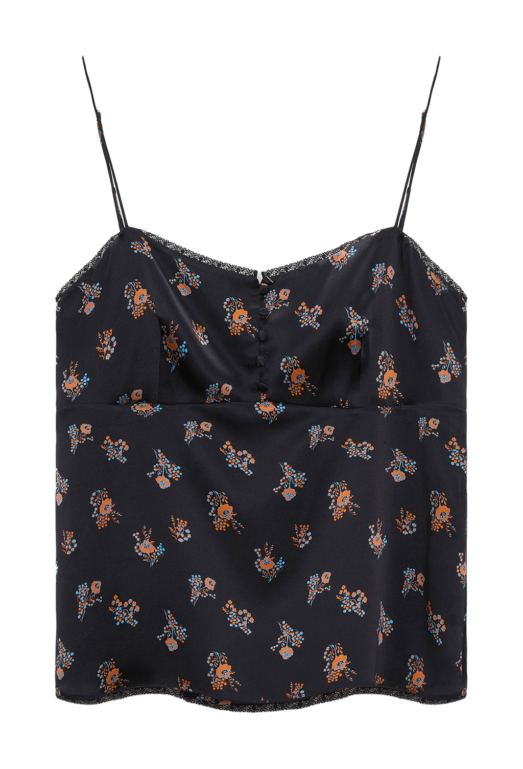 Black floral patterned top on a white background