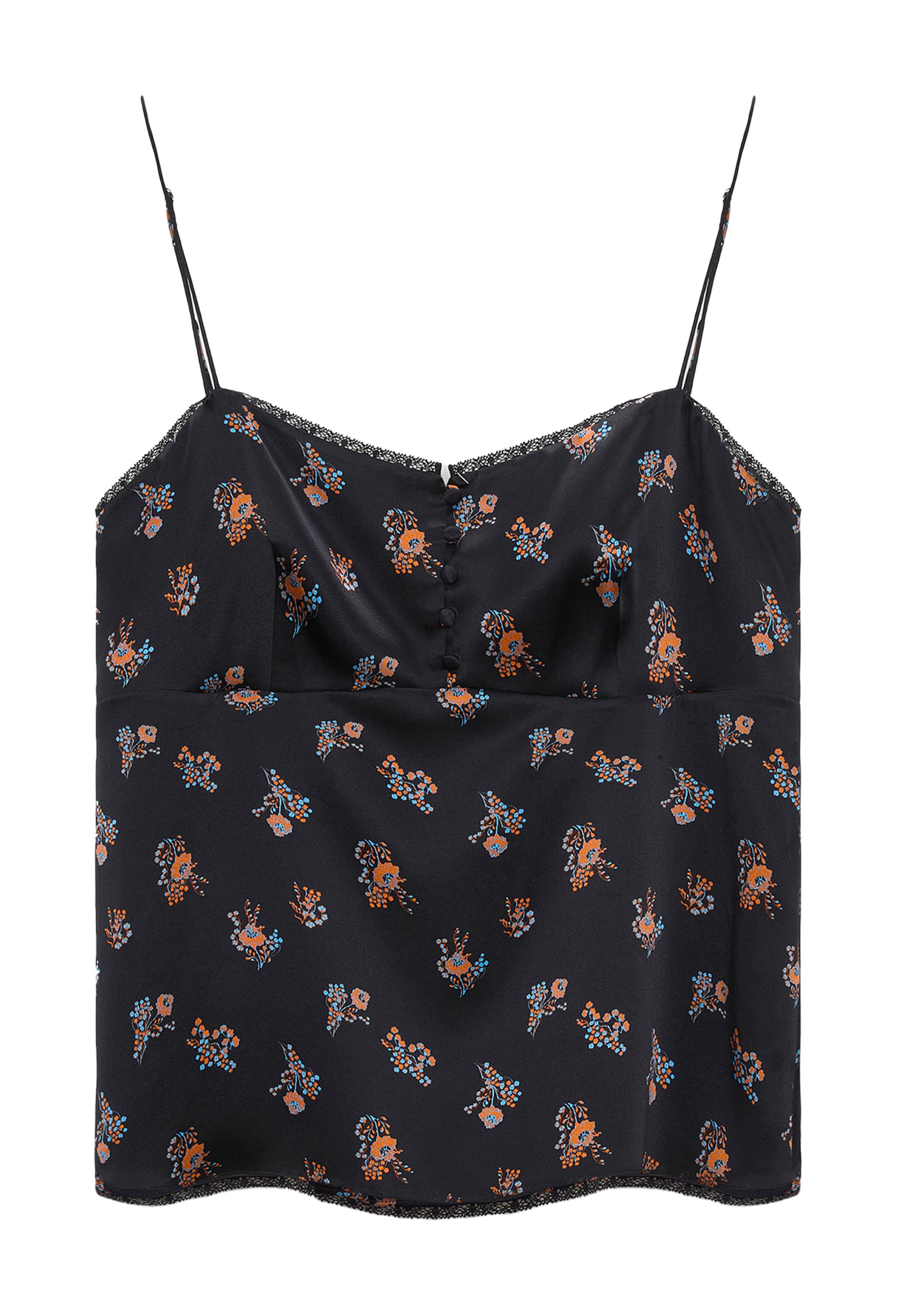 Black floral patterned top on a white background