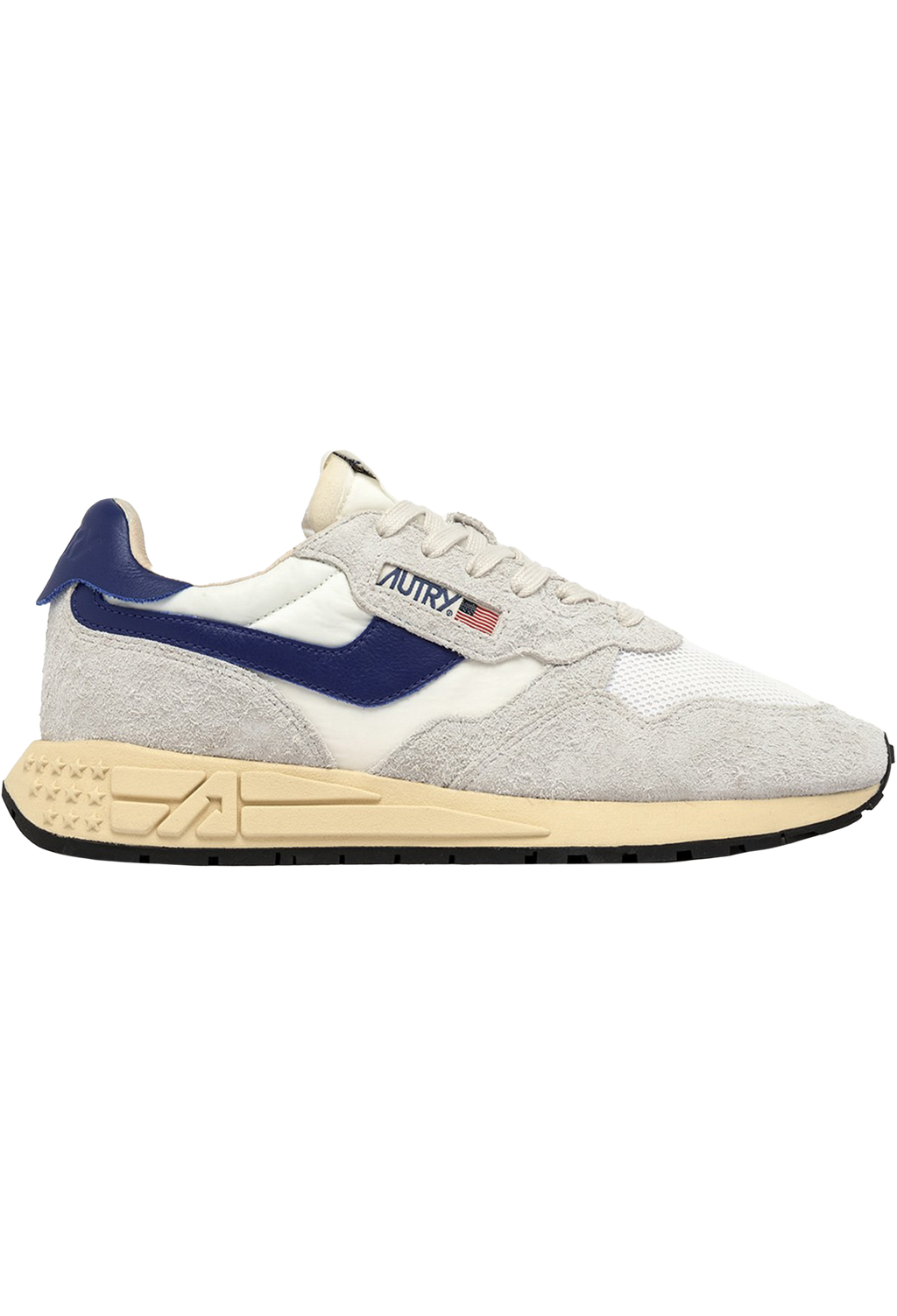 Gray and blue sneaker with visible brand logo on a white background