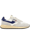 Gray and blue sneaker with visible brand logo on a white background