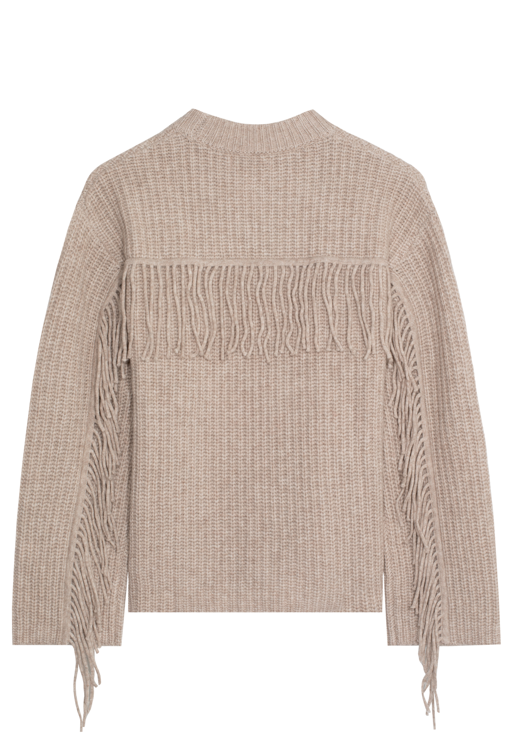 back of beige sweater with fringe across the back and sleeves on a white background