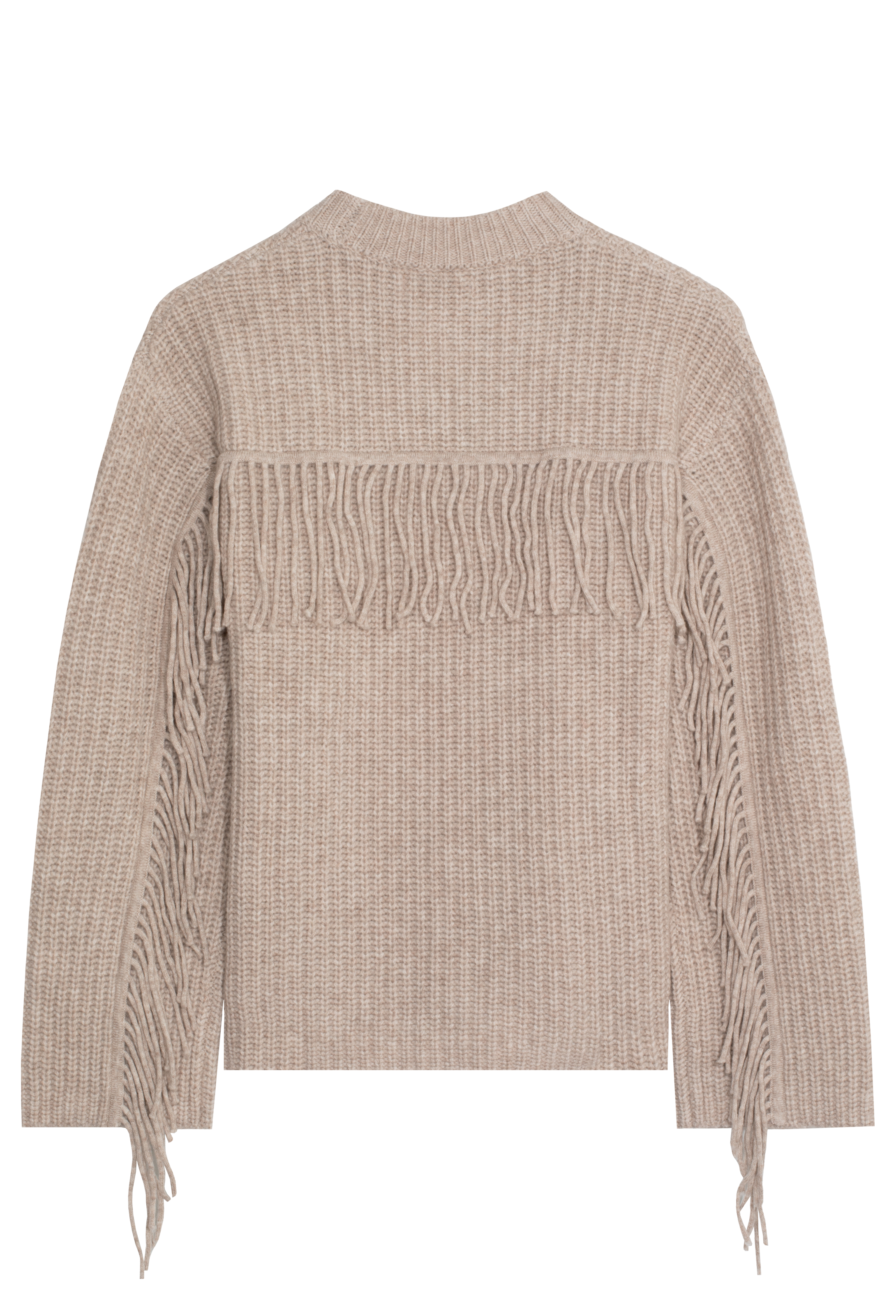 back of beige sweater with fringe across the back and sleeves on a white background