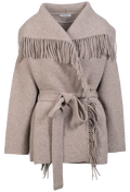 Beige coat with fringe details on a white background