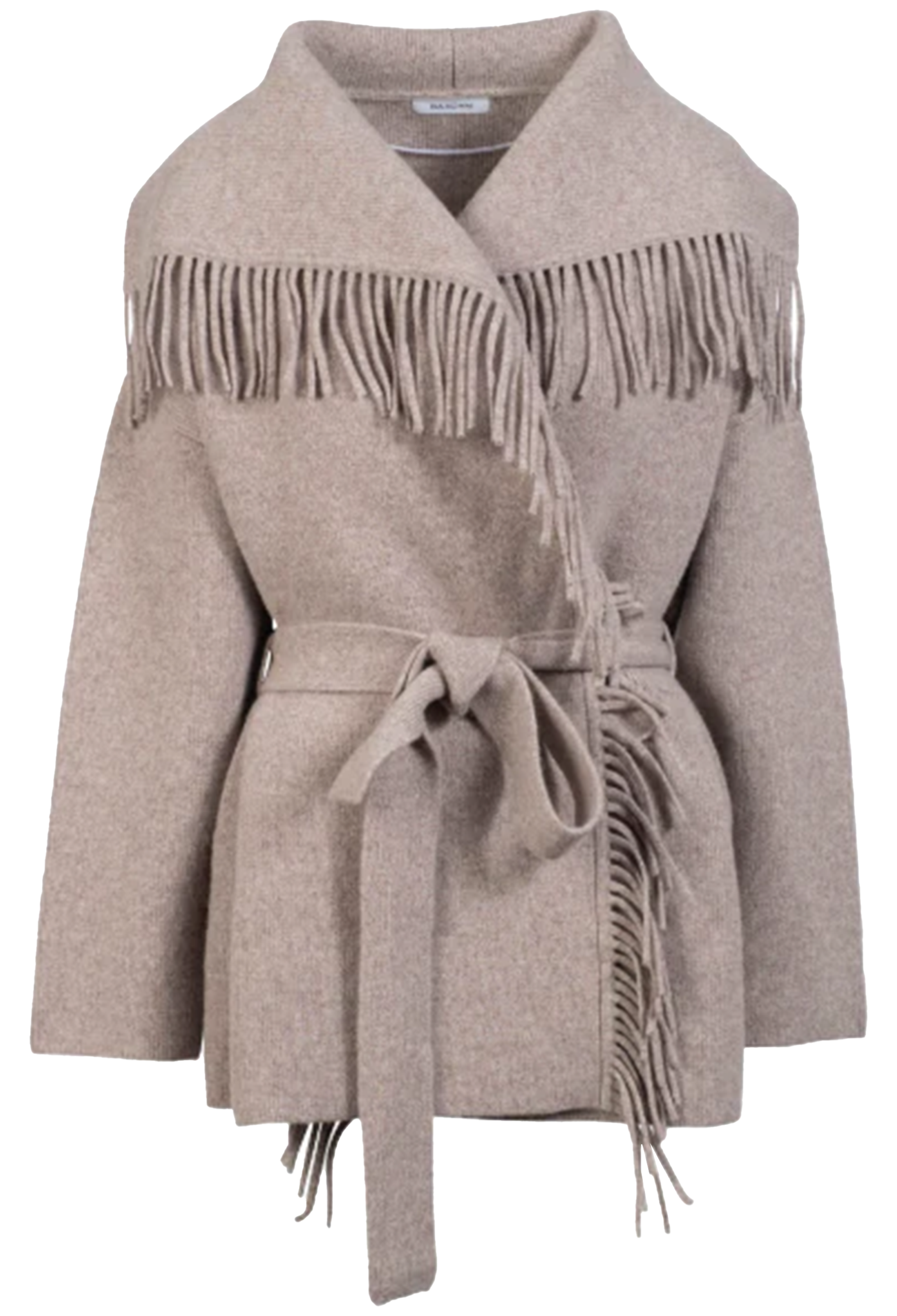 Beige coat with fringe details on a white background
