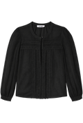 Black blouse with pleated details on a white background